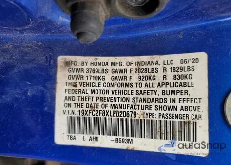 2020 Honda Civic Sport z USA, uszkodzony, nr VIN 19XFC2F8XLE020679